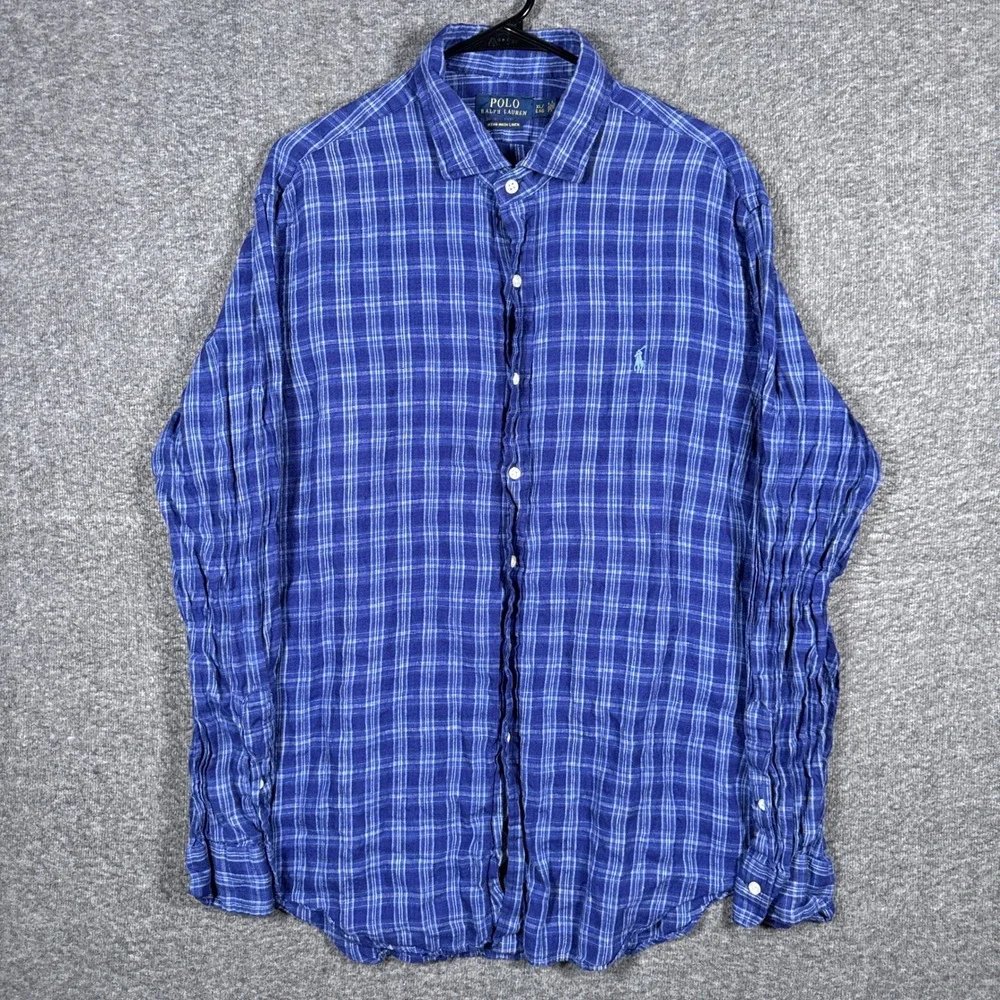 Polo Ralph Lauren Shirt Mens XL Blue Plaid Ocean Wash 100% Linen Long Sleeve